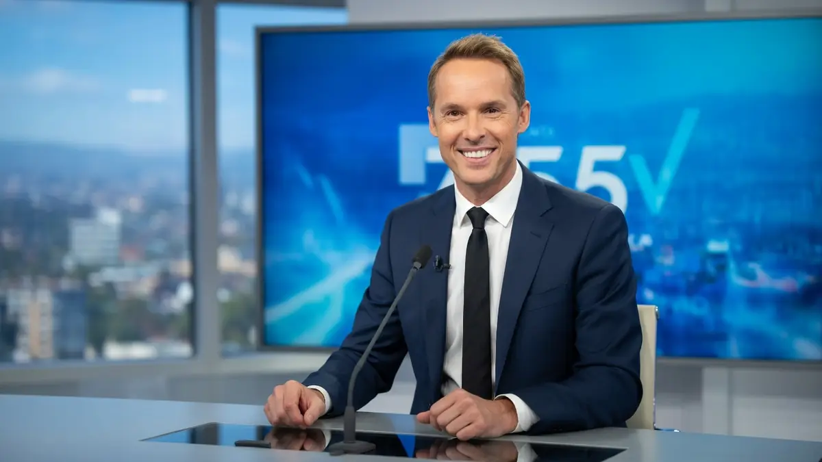 Damien Thévenot sourit assis derrière un bureau dans un studio de télévision