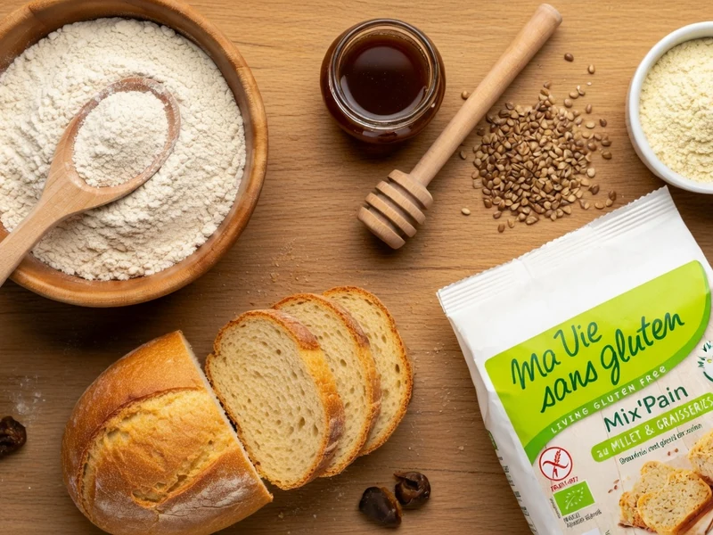 Des ingrédients et un pain tranché avec farine sans gluten pour le pain sur une table en bois
