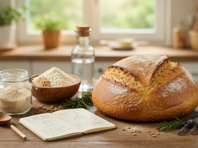 Une miche de pain sur table rustique avec ingrédients pour recettes pain sans gluten