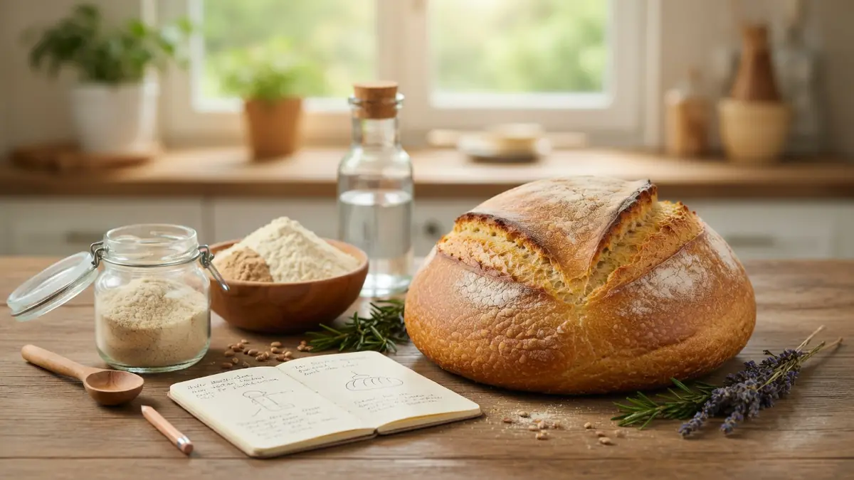 Une miche de pain sur table rustique avec ingrédients pour recettes pain sans gluten