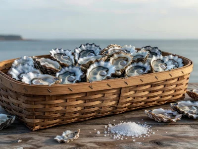 Une huître bourriche remplie d'huîtres sur une table en bois au bord de la mer
