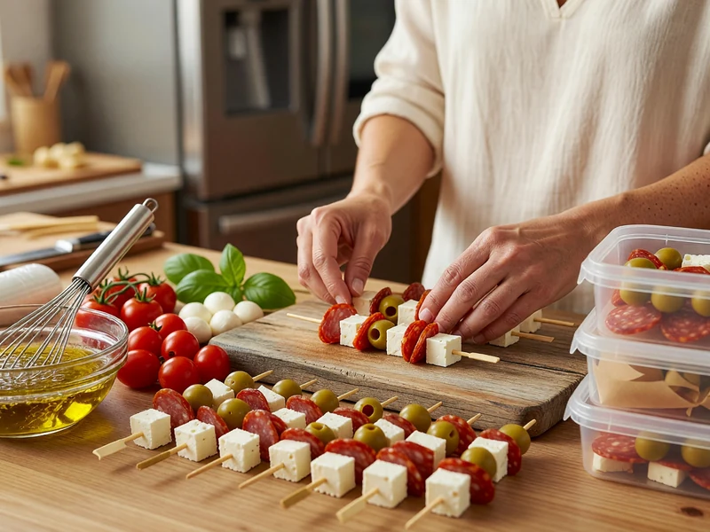 Une femme prépare une brochette apéro à faire la veille en disposant des cubes de fromage et des olives sur des piques