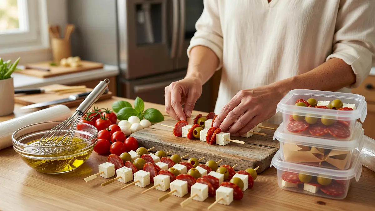 Une femme prépare une brochette apéro à faire la veille en disposant des cubes de fromage et des olives sur des piques