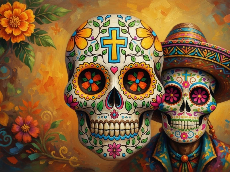 Deux crânes colorés dont une tête de mort Mexique au sombrero fleuri