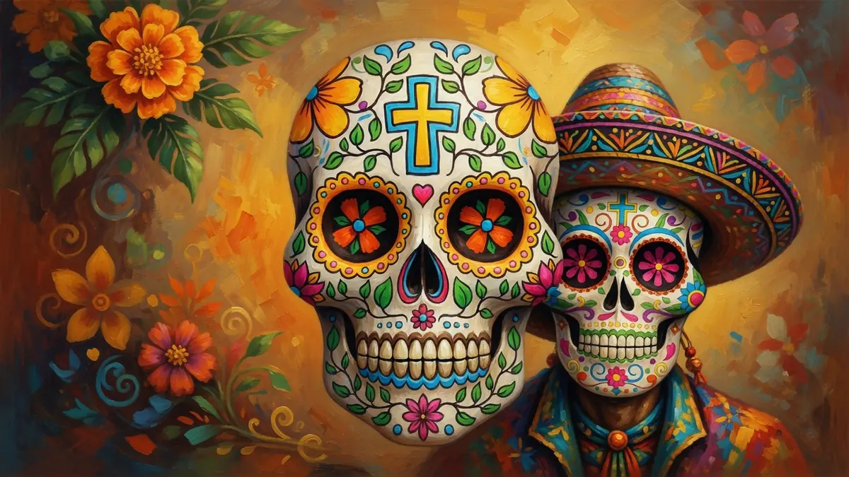 Deux crânes colorés dont une tête de mort Mexique au sombrero fleuri