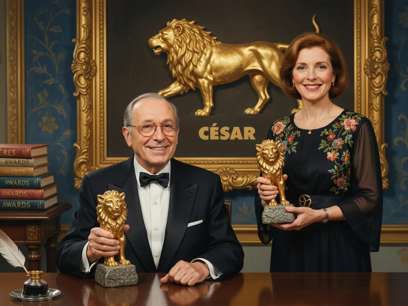 Georges Cravenne et une femme tiennent des statuettes de lion dans un intérieur élégant.