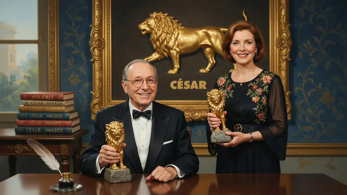 Georges Cravenne et une femme tiennent des statuettes de lion dans un intérieur élégant.