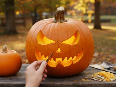 Une main sculpte une citrouille pour Halloween illuminée sur une table automnale avec outils et graines