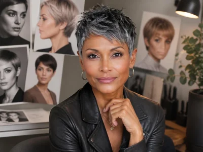 Une femme élégante aux cheveux gris courts incarne une coupe de cheveux femme courte moderne et stylée