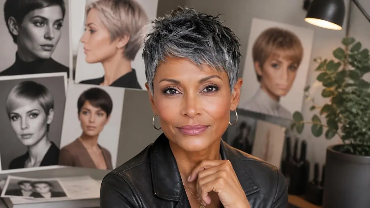 Une femme élégante aux cheveux gris courts incarne une coupe de cheveux femme courte moderne et stylée