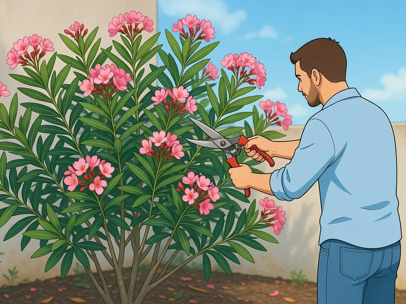 Un homme taille un laurier rose quand le tailler avec des sécateurs dans le jardin
