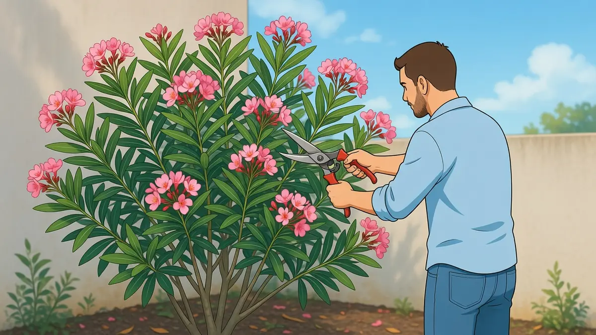 Un homme taille un laurier rose quand le tailler avec des sécateurs dans le jardin