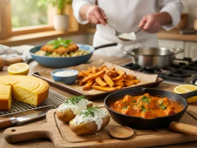 Un chef prépare des recettes simples et rapides sur un comptoir rempli de plats appétissants