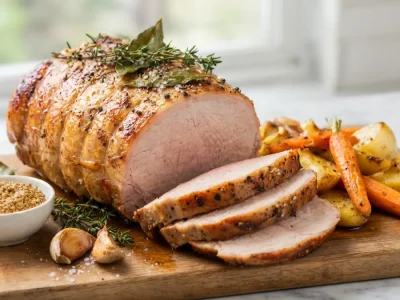 Rôti de porc en tranches accompagné de carottes et pommes de terre après cuisson au four rôti de porc