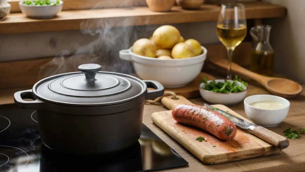 Une cocotte fumante sur la plaque pour la cuisson diots de Savoie avec une saucisse prête à être préparée