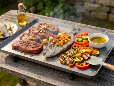 Une plancha sur table en bois avec steaks poisson et légumes pour des recettes pour la plancha