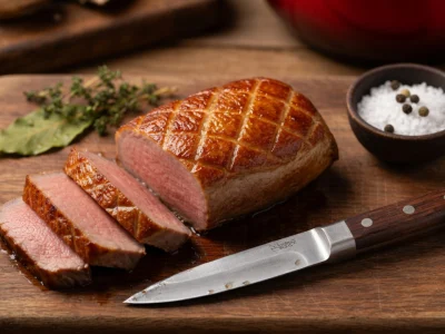 Un magret de canard tranché sur une planche de bois avec un couteau pour illustrer la cuisson pour magret de canard