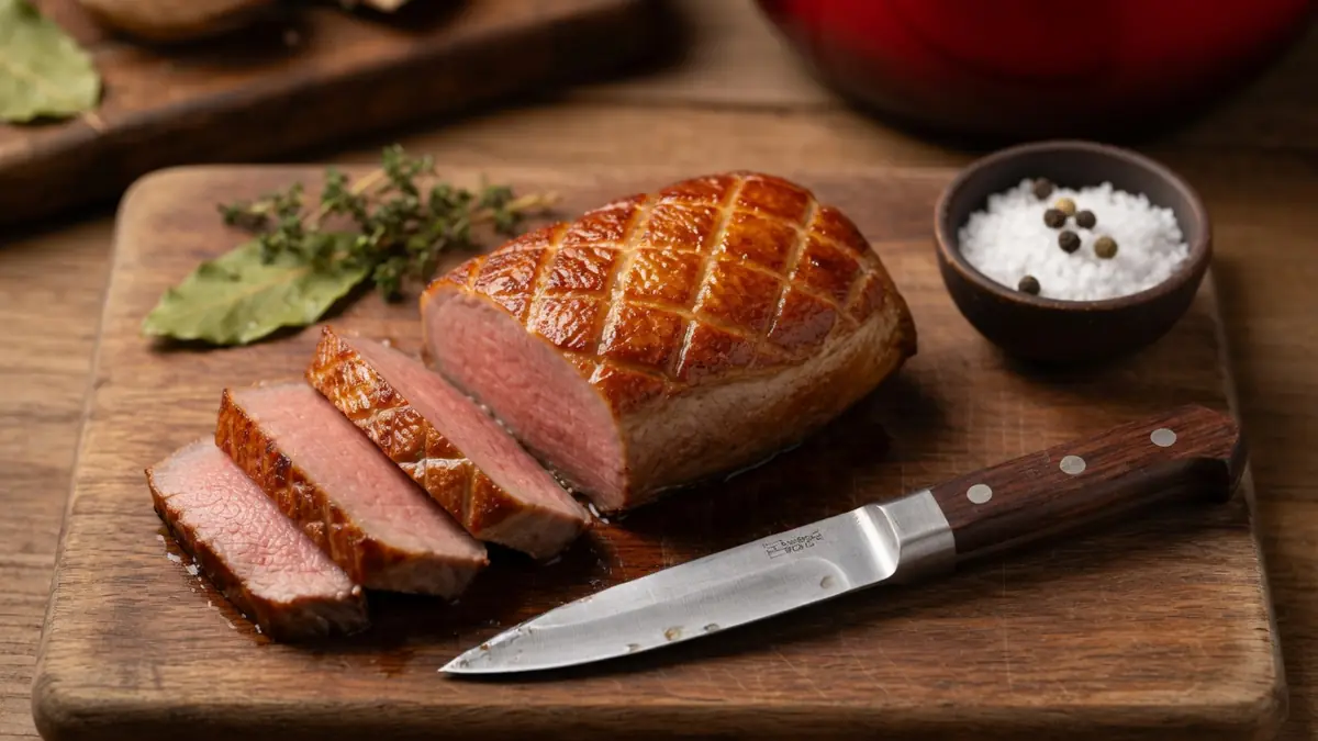 Un magret de canard tranché sur une planche de bois avec un couteau pour illustrer la cuisson pour magret de canard