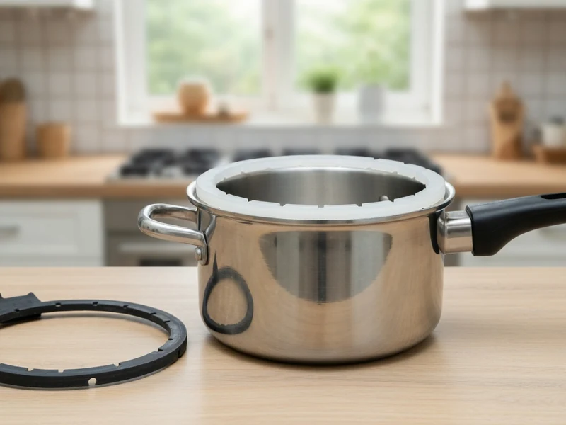 Une cocotte-minute en inox avec son joint pour cocotte-minute Seb posé à côté sur le plan de travail