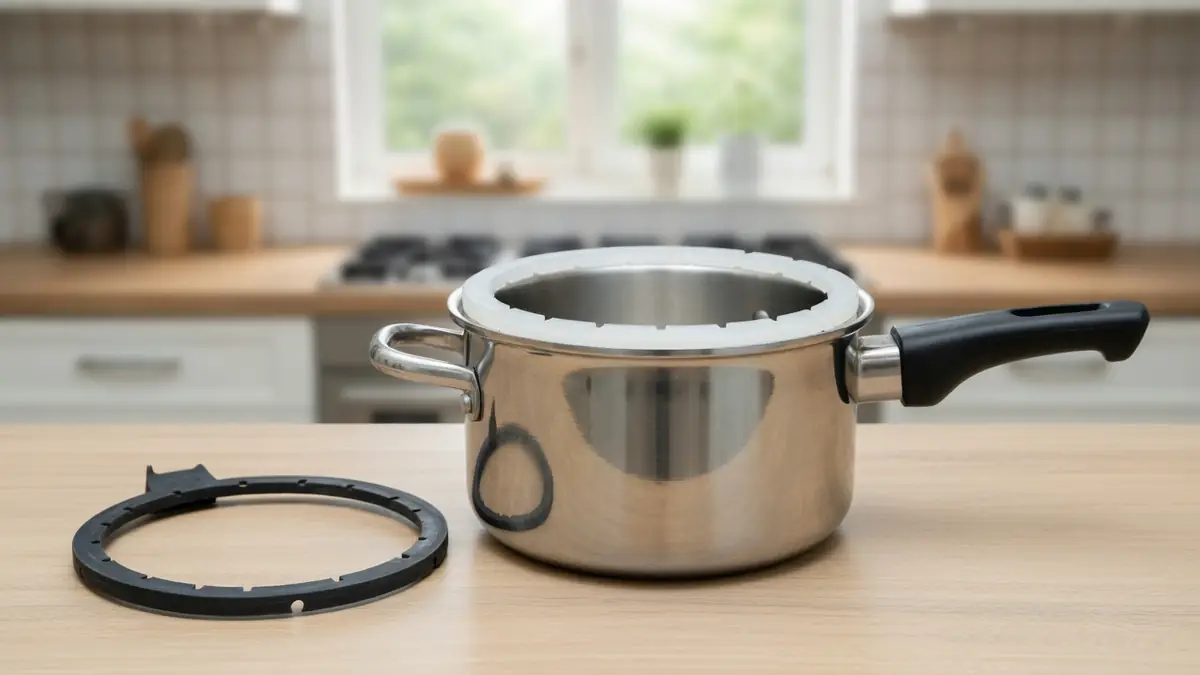 Une cocotte-minute en inox avec son joint pour cocotte-minute Seb posé à côté sur le plan de travail