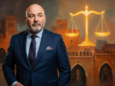Portrait de l'avocat Pascal-Pierre Garbarini devant une balance de la justice stylisée