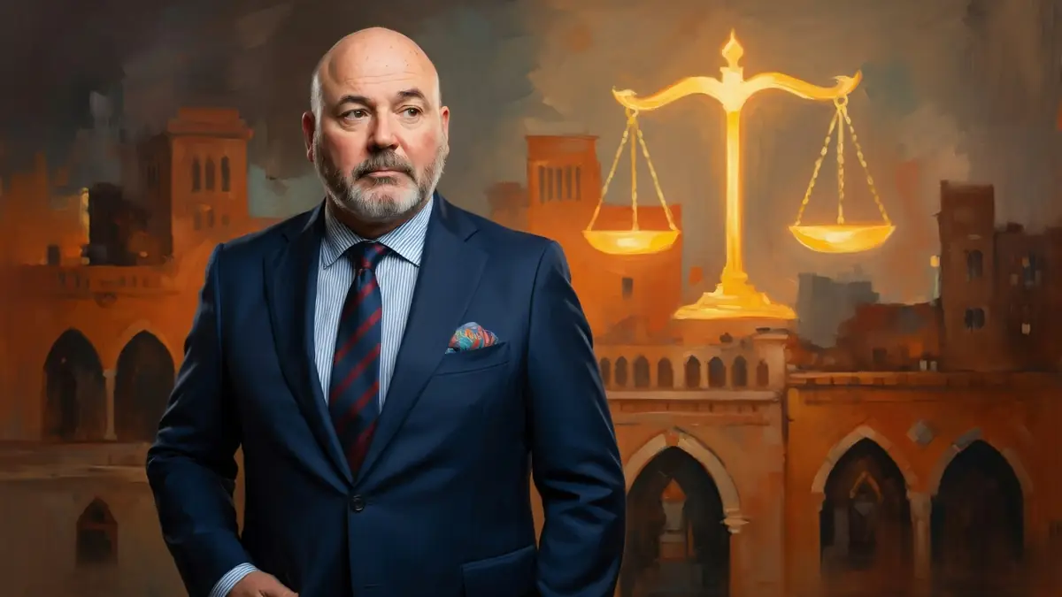 Portrait de l'avocat Pascal-Pierre Garbarini devant une balance de la justice stylisée