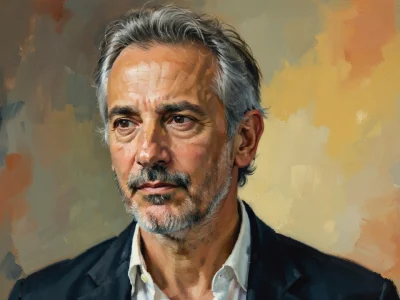 Jean-Pierre Lorit apparaît dans un portrait aux tons chauds et abstraits