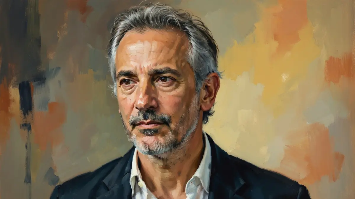 Jean-Pierre Lorit apparaît dans un portrait aux tons chauds et abstraits