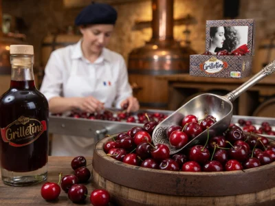 Une femme trie des cerises près d'un baquet débordant et d'une bouteille pour la grillotine