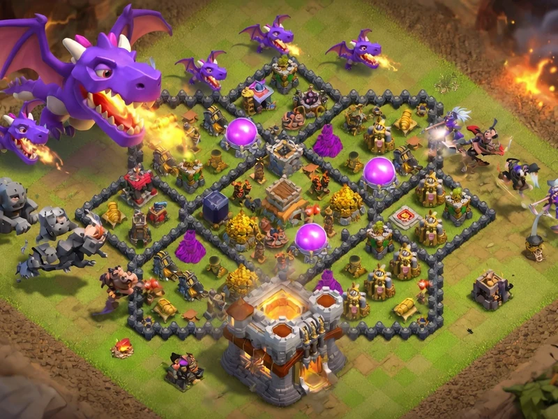 Bataille Clash of Clans montrant le meilleur compo HDV 8 avec dragons et troupes attaquant la base