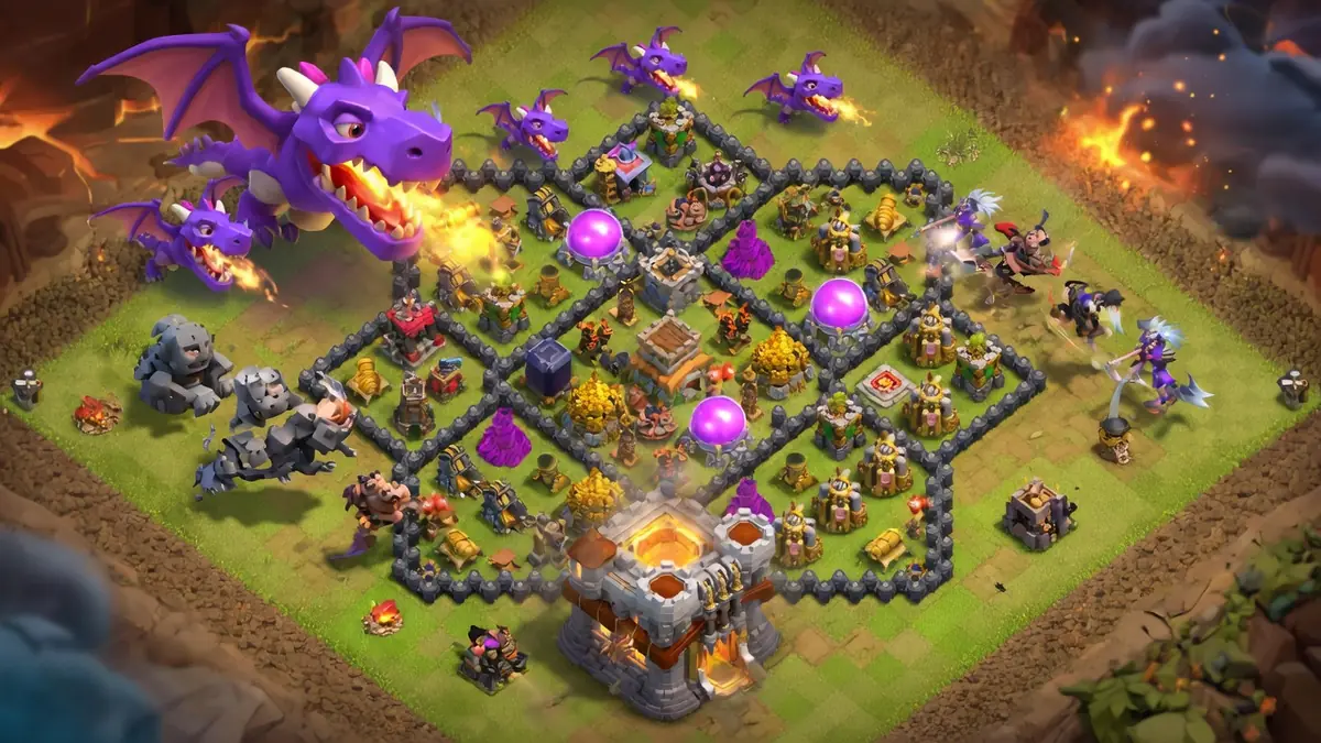 Bataille Clash of Clans montrant le meilleur compo HDV 8 avec dragons et troupes attaquant la base