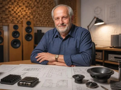 Portrait de Pierre Étienne Léon assis à son bureau devant des plans techniques et des composants acoustiques