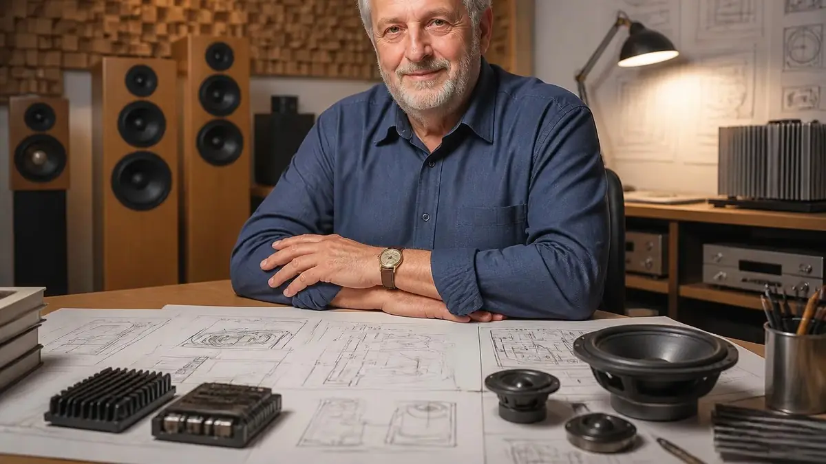 Portrait de Pierre Étienne Léon assis à son bureau devant des plans techniques et des composants acoustiques