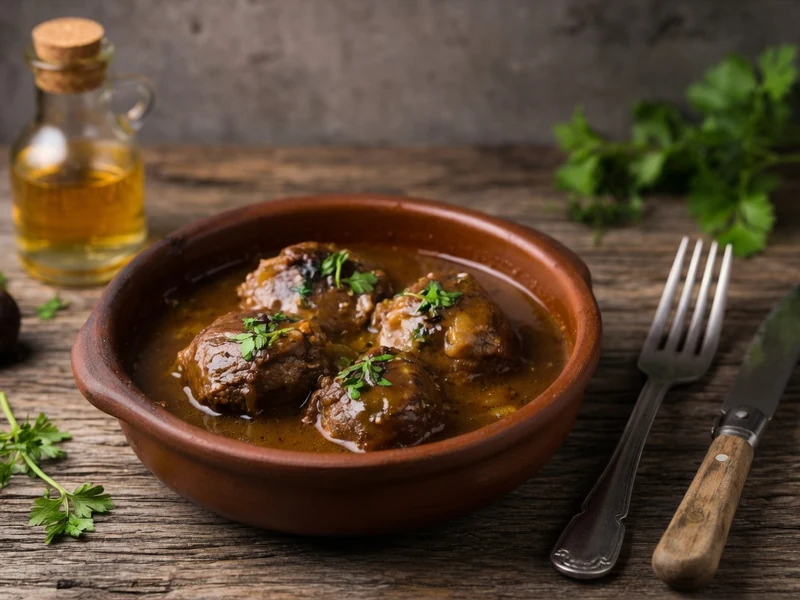 Un bol de joue de porc à la bière garni de persil sur une table en bois avec couverts
