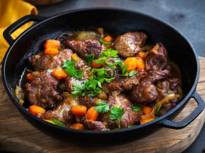 Une poêle noire sur une planche en bois présente de la joue de porc confit aux carottes et au persil \confidence{80}