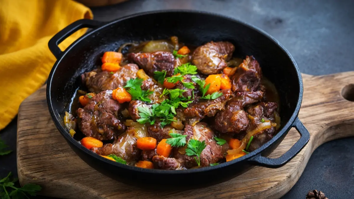 Une poêle noire sur une planche en bois présente de la joue de porc confit aux carottes et au persil \confidence{80}