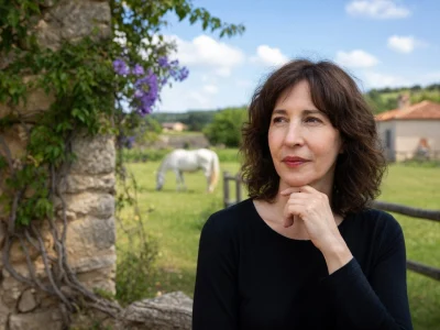 Véronique Rivière a la main au menton dans un paysage rural avec un cheval blanc