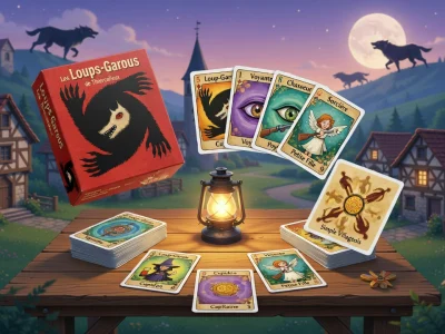 Scène de village nocturne avec table de cartes et lanterne illustrant loup garou règles du jeu