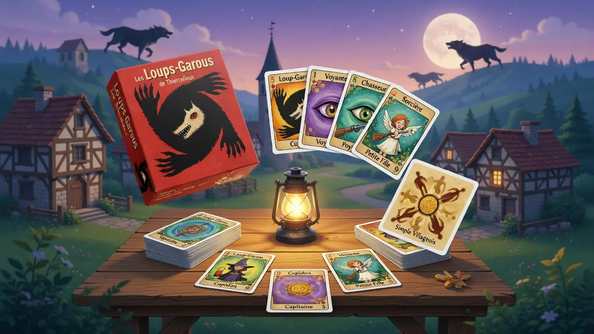 Scène de village nocturne avec table de cartes et lanterne illustrant loup garou règles du jeu