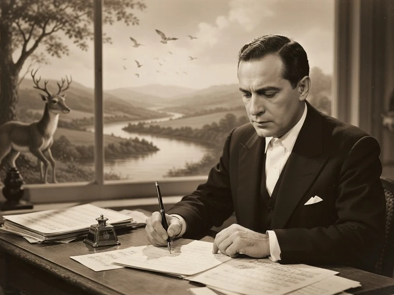 Jean Murat écrit à son bureau face à une fenêtre sur un paysage avec rivière et cerf