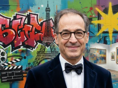 Emmanuel de Brantes apparaît en smoking devant un vibrant collage d'art urbain et de tableaux