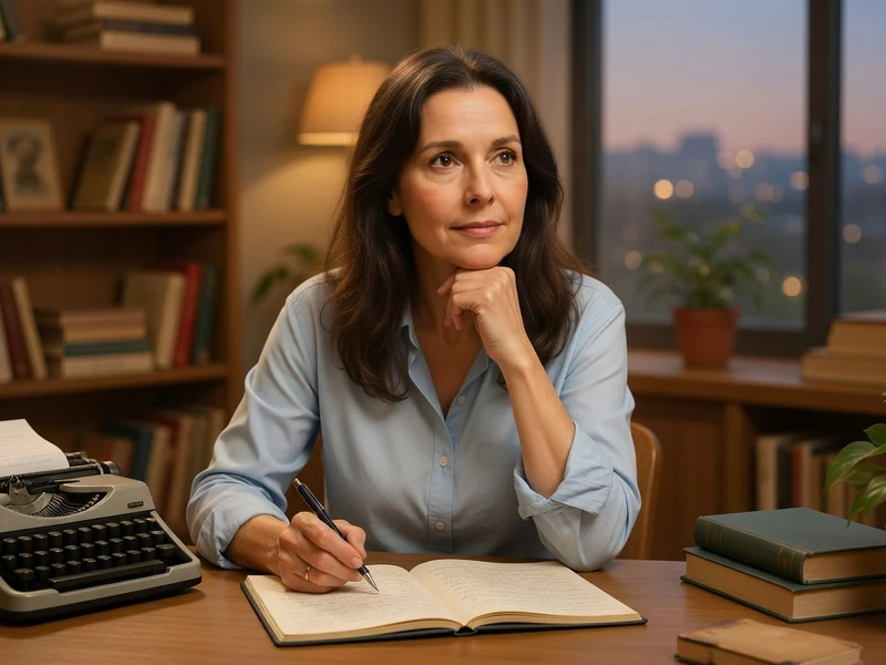 Emmanuelle Cosso-Merad est assise à son bureau en train d'écrire face à une fenêtre sur la ville.