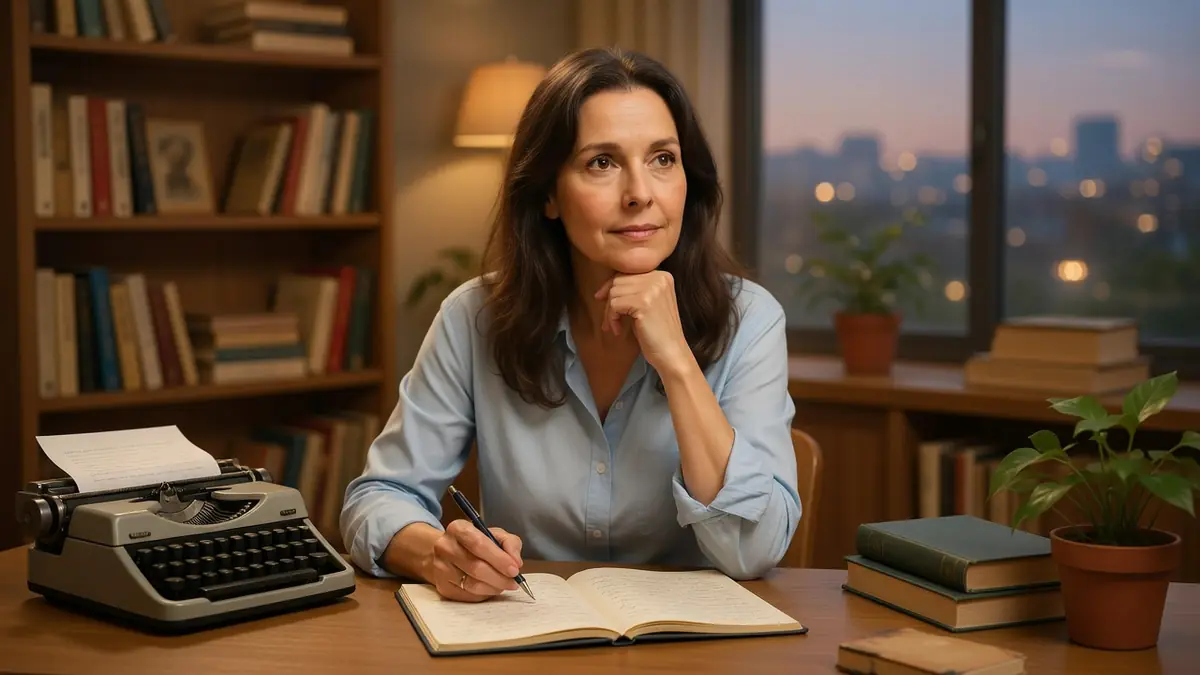 Emmanuelle Cosso-Merad est assise à son bureau en train d'écrire face à une fenêtre sur la ville.