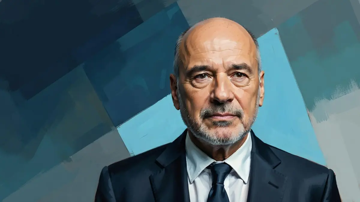 L'image montre Guilhem Pellegrin en costume et cravate sur un fond bleu abstrait.