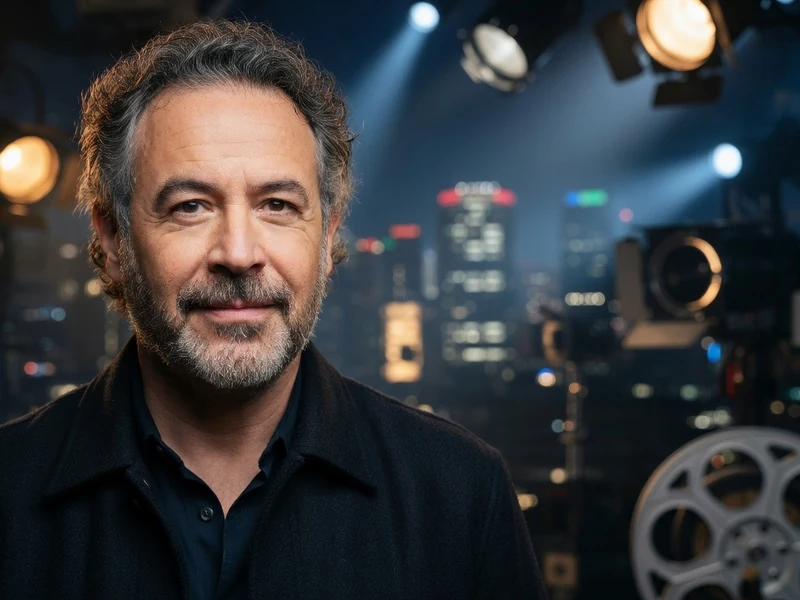 Sébastien Knafo se tient devant un décor nocturne avec projecteurs et bobine de film
