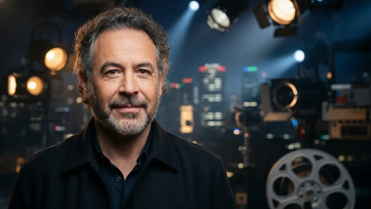 Sébastien Knafo se tient devant un décor nocturne avec projecteurs et bobine de film