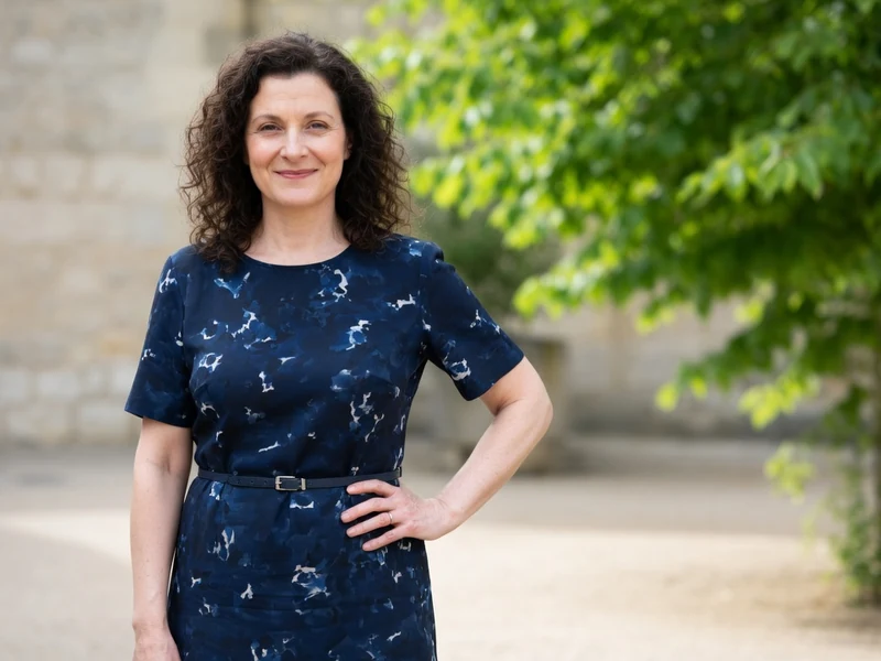 Portrait de serpentine Teyssier en robe bleue à motifs devant un mur de pierre