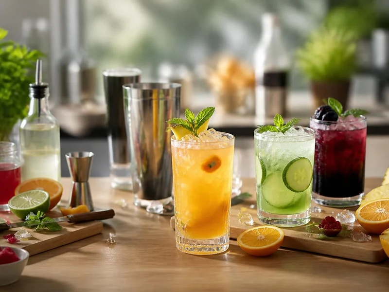 Trois verres colorés garnis de fruits et d'herbes sur un comptoir pour illustrer nos recettes mocktails rafraîchissantes