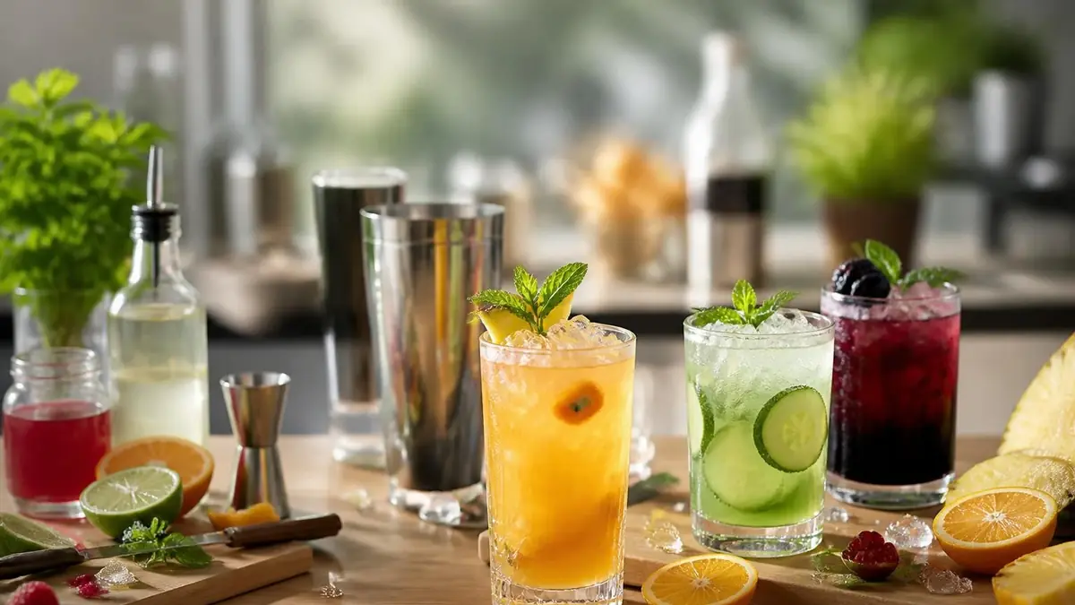 Trois verres colorés garnis de fruits et d'herbes sur un comptoir pour illustrer nos recettes mocktails rafraîchissantes
