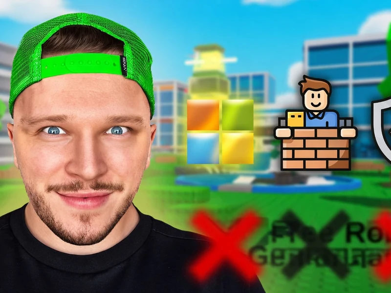 Portrait d'un homme en casquette verte sur fond Roblox illustrant comment avoir des Robux gratuitement
